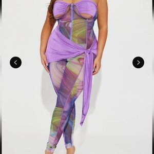 Fashion Nova Amara Purple Cream And Green Swirl Mesh Jumpsuit 1X New With Tag